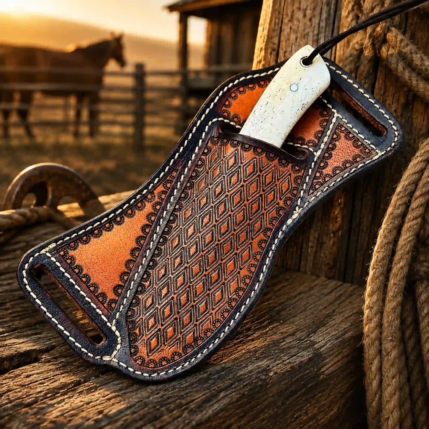 Handmade leather sheath in golden hour light
