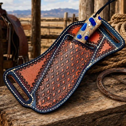 Handmade leather sheath on timber planks