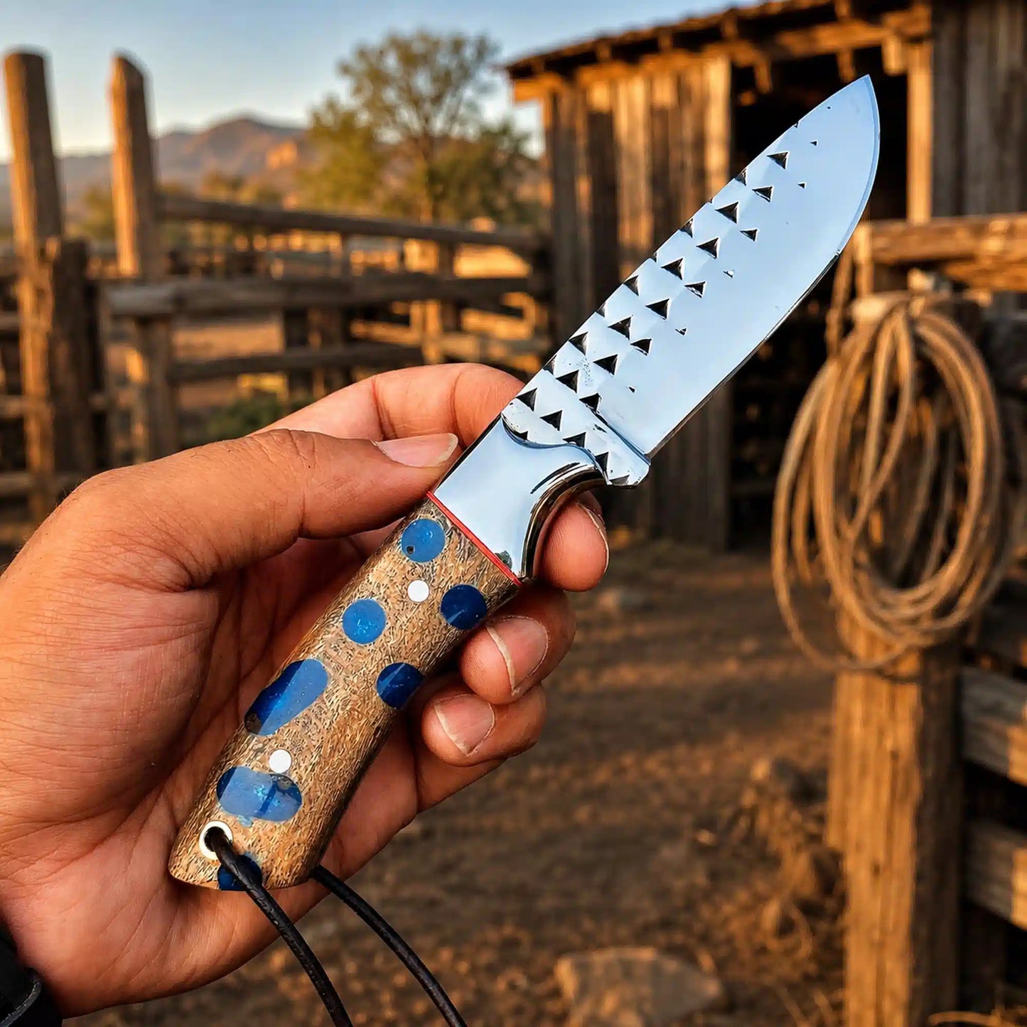 Buckaroo knife with cholla cactus and turquoise handle
