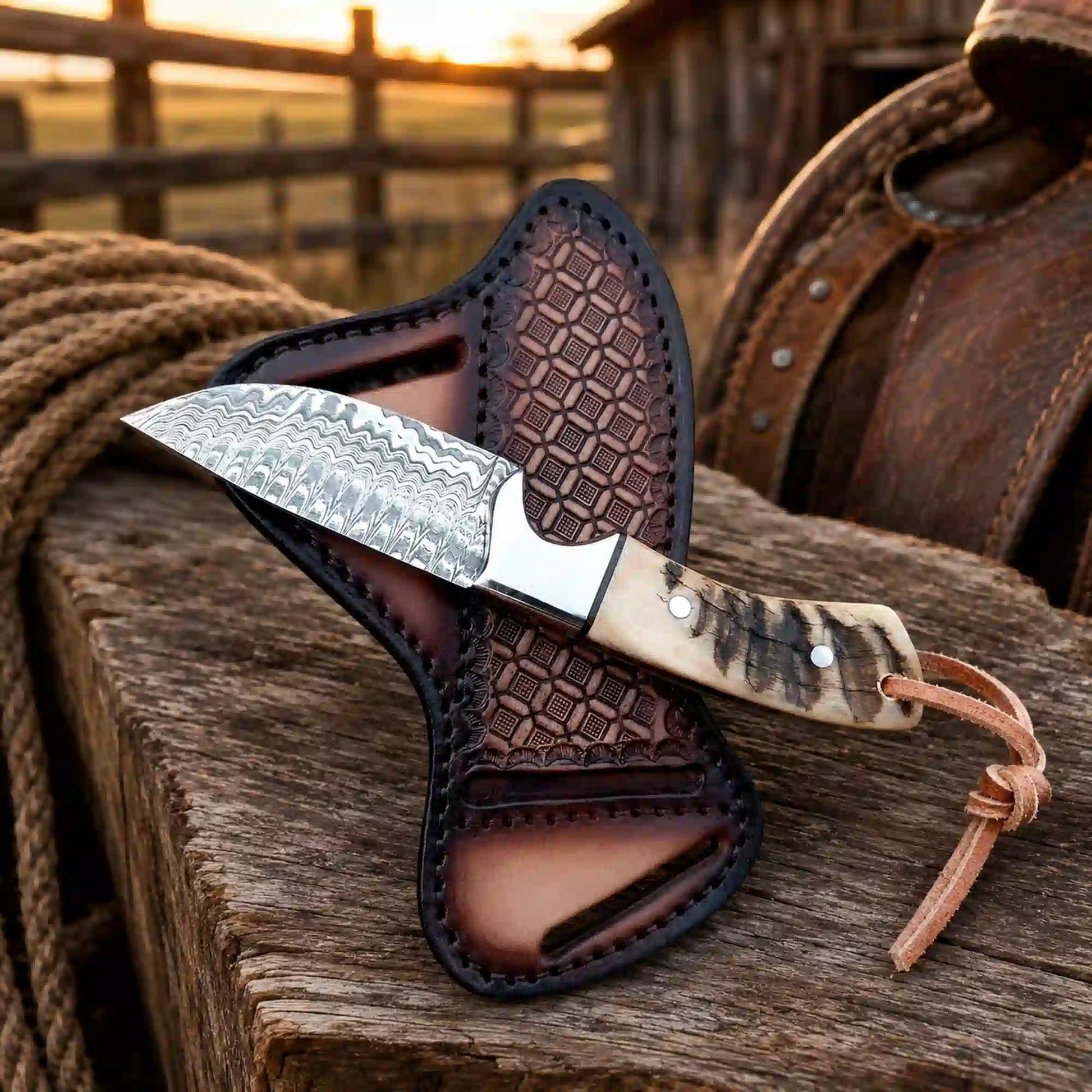 Western Damascus knife and sheath at sunset