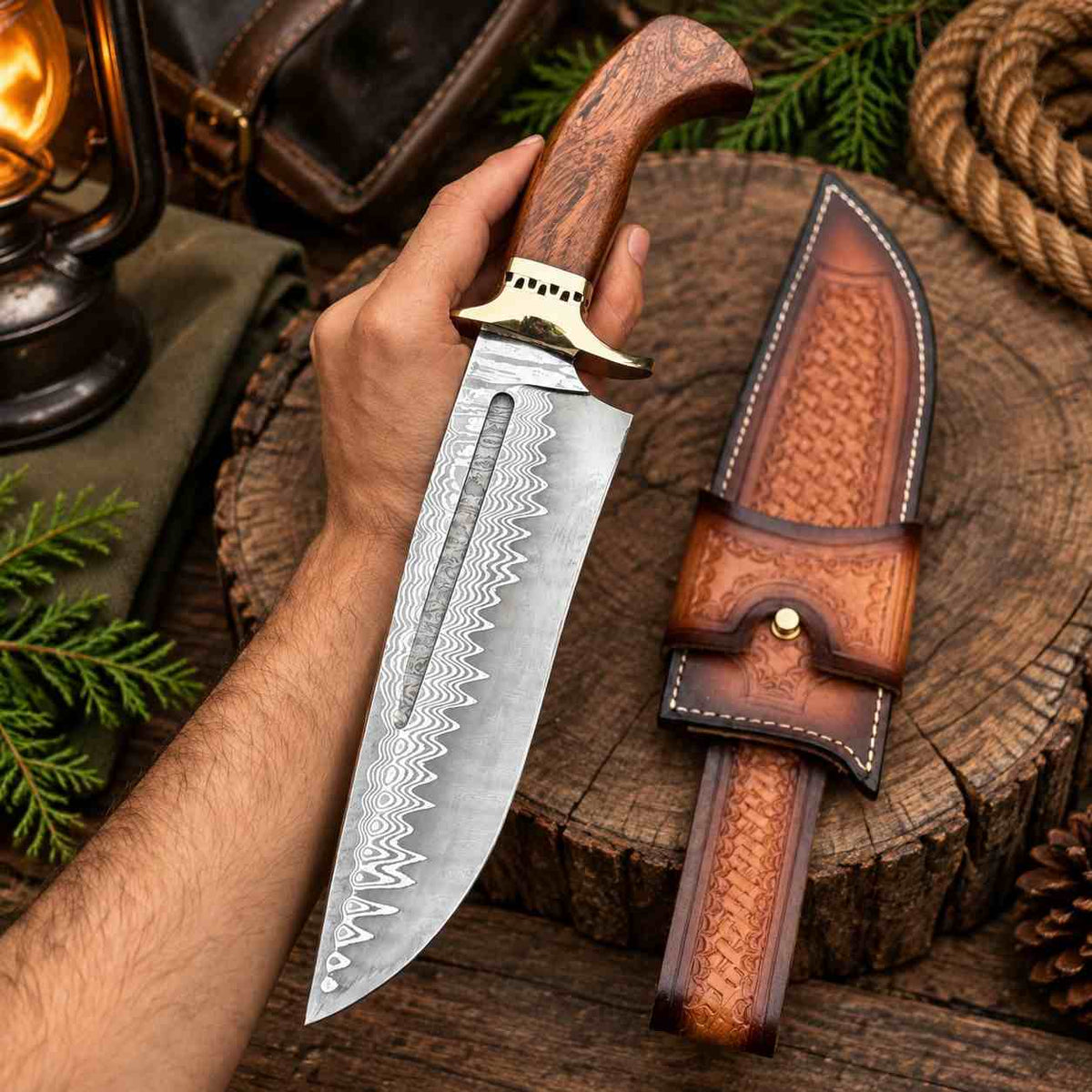 San Mai Damascus Bowie knife with rosewood handle and brass guard