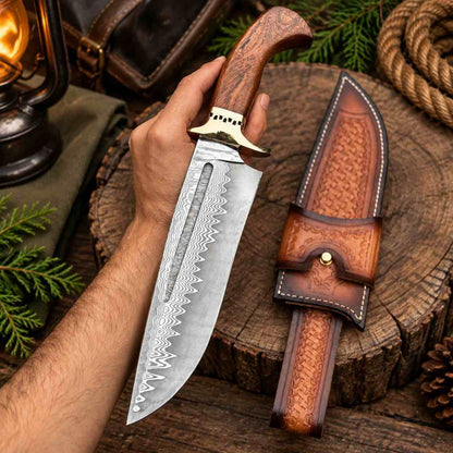 San Mai Damascus Bowie knife with rosewood handle and brass guard