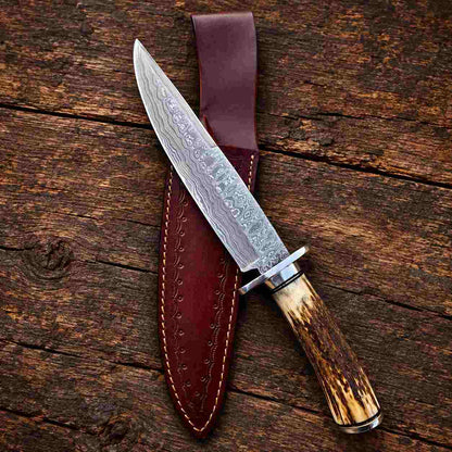 Handmade Damascus steel knife with polished guard and stag antler handle