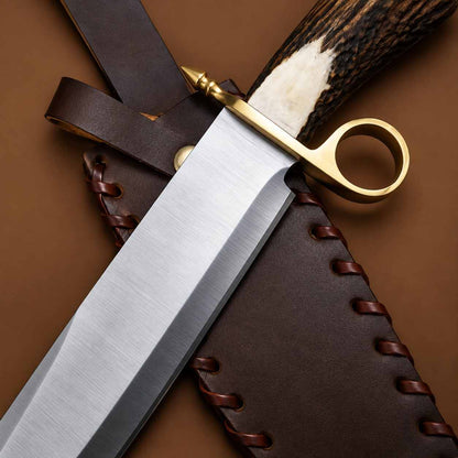Bowie knife with real stag antler handle and brass ring guard