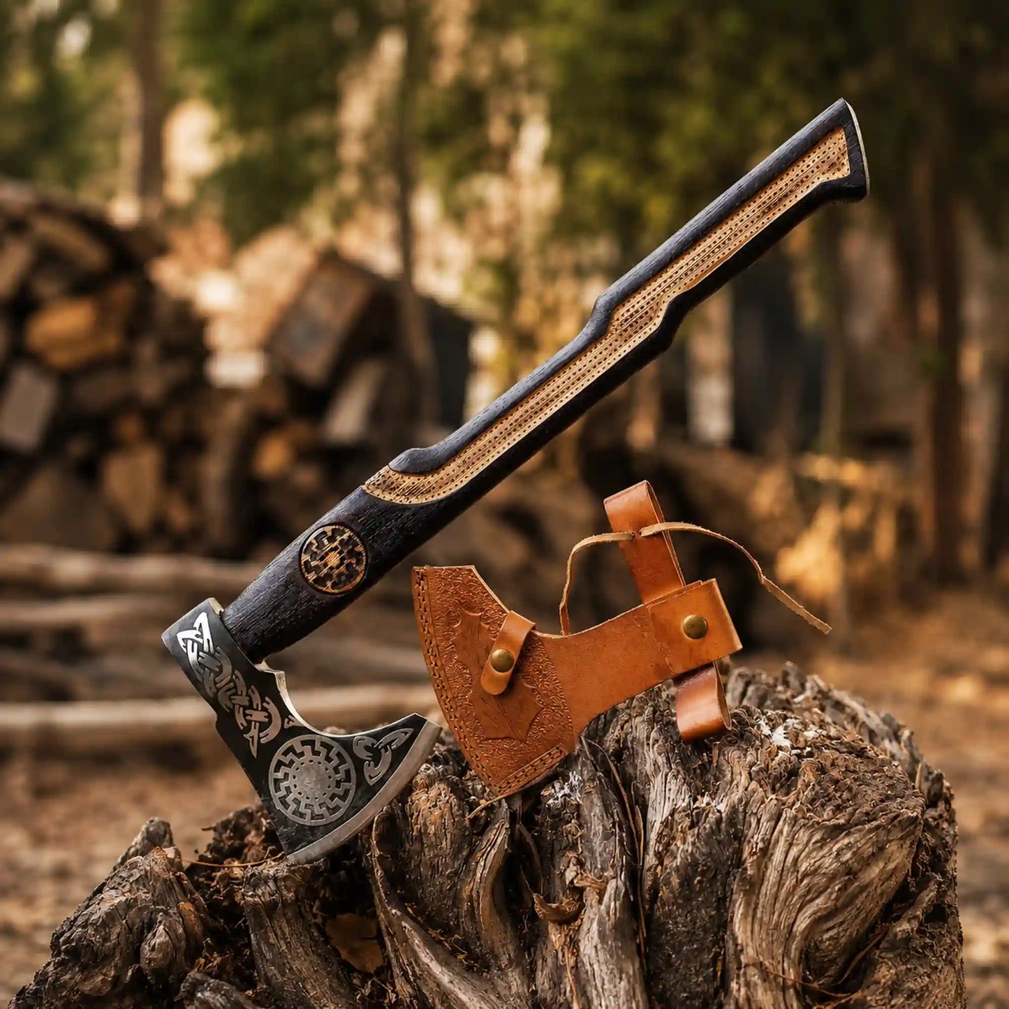 Hand-forged sunwheel Viking axe with Norse engraved head, inlaid two-tone ash handle and tooled leather sheath