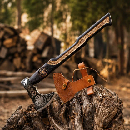 Hand-forged sunwheel Viking axe with Norse engraved head, inlaid two-tone ash handle and tooled leather sheath