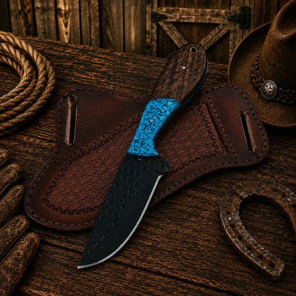 Turquoise and rosewood cowboy knife with tooled leather sheath