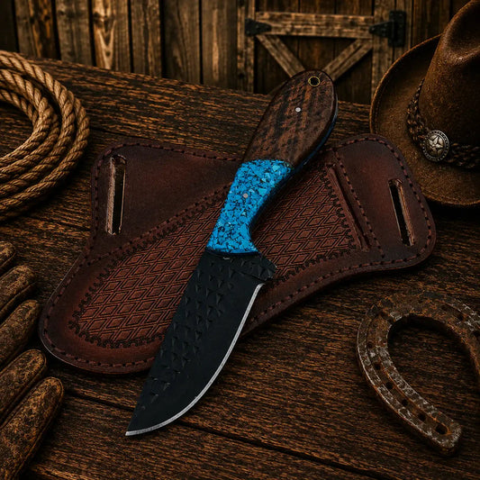 Turquoise and rosewood cowboy knife with tooled leather sheath