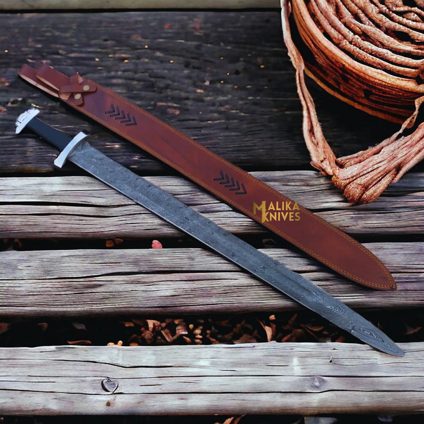 Handmade Ulfberht Damascus Viking sword with leather sheath