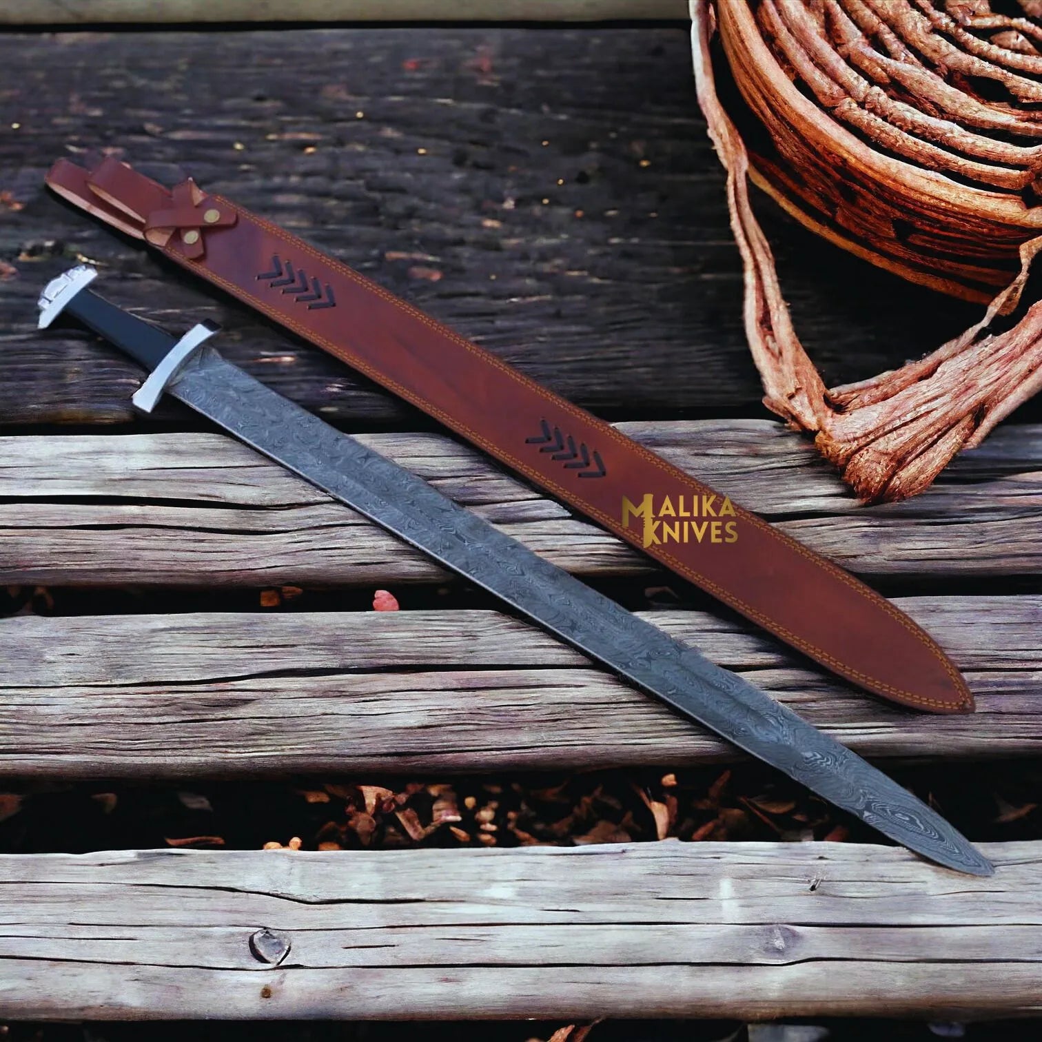 Handmade Ulfberht Damascus Viking sword with leather sheath