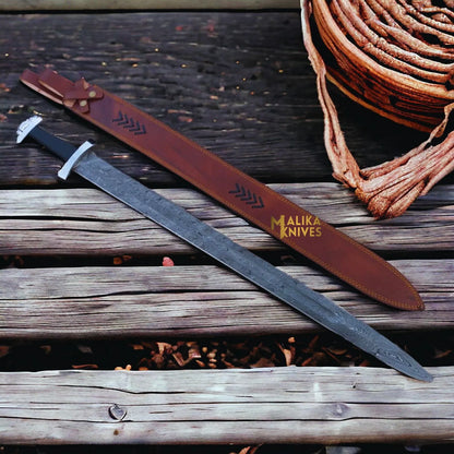 Handmade Ulfberht Damascus Viking sword with leather sheath