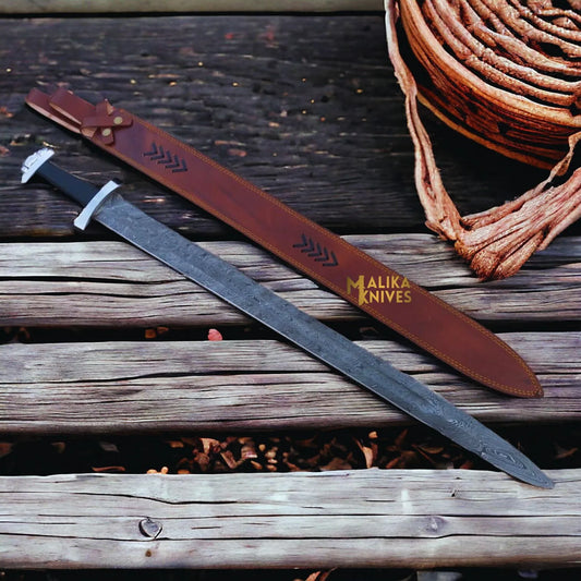 Handmade Ulfberht Damascus Viking sword with leather sheath