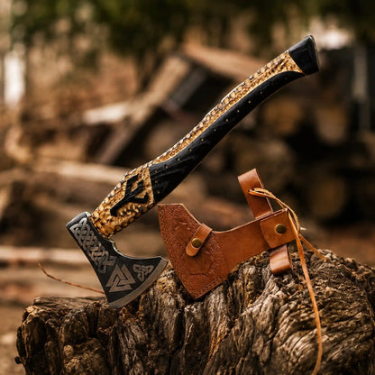 Hand-forged Valknut Viking axe with 1075 steel head, carved ash handle and tooled brown leather sheath