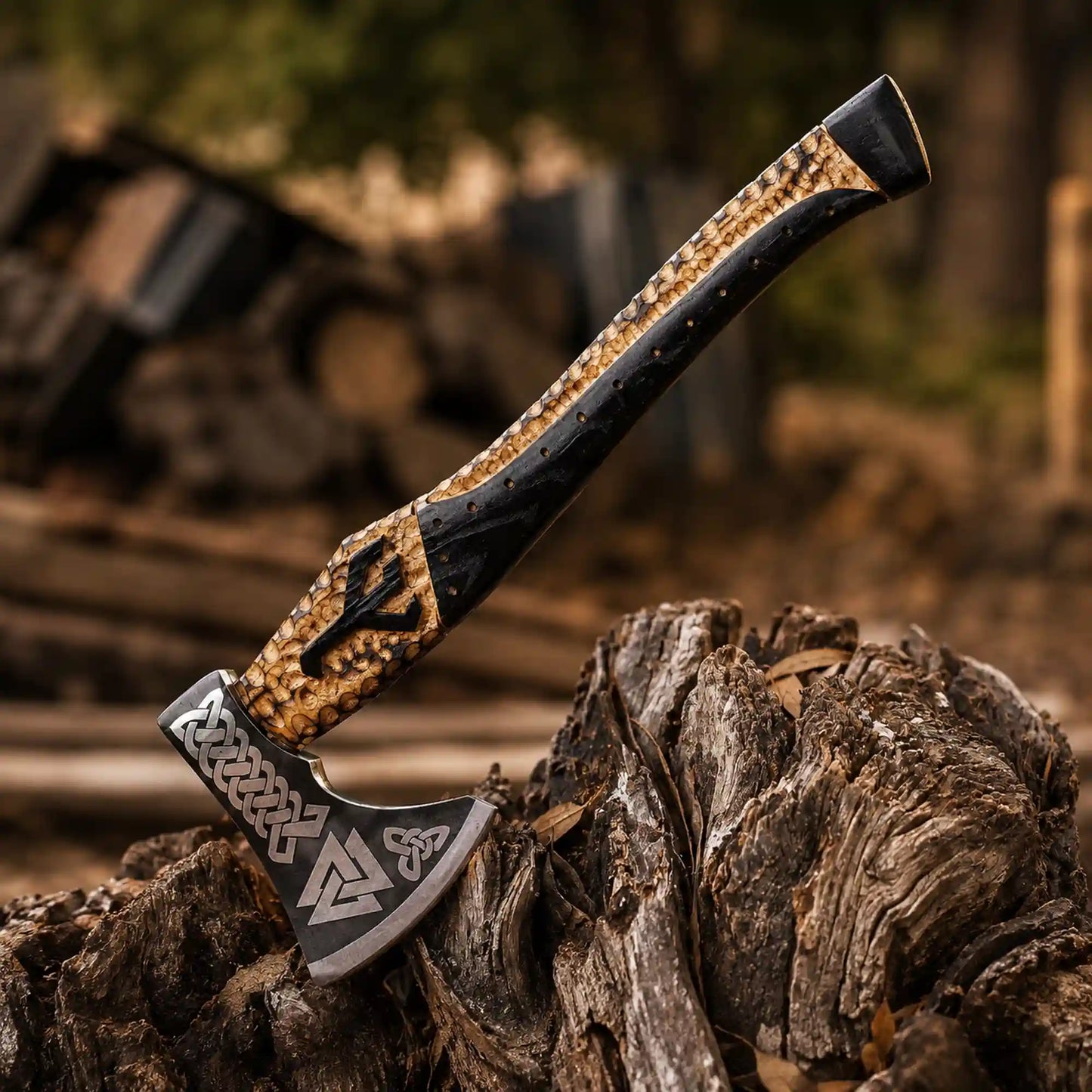 Close-up of Viking axe head showing Valknut, triquetra and knotwork engraving on 1075 steel