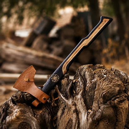 Sunwheel Viking axe with rune medallion inlay handle and tooled brown leather sheath