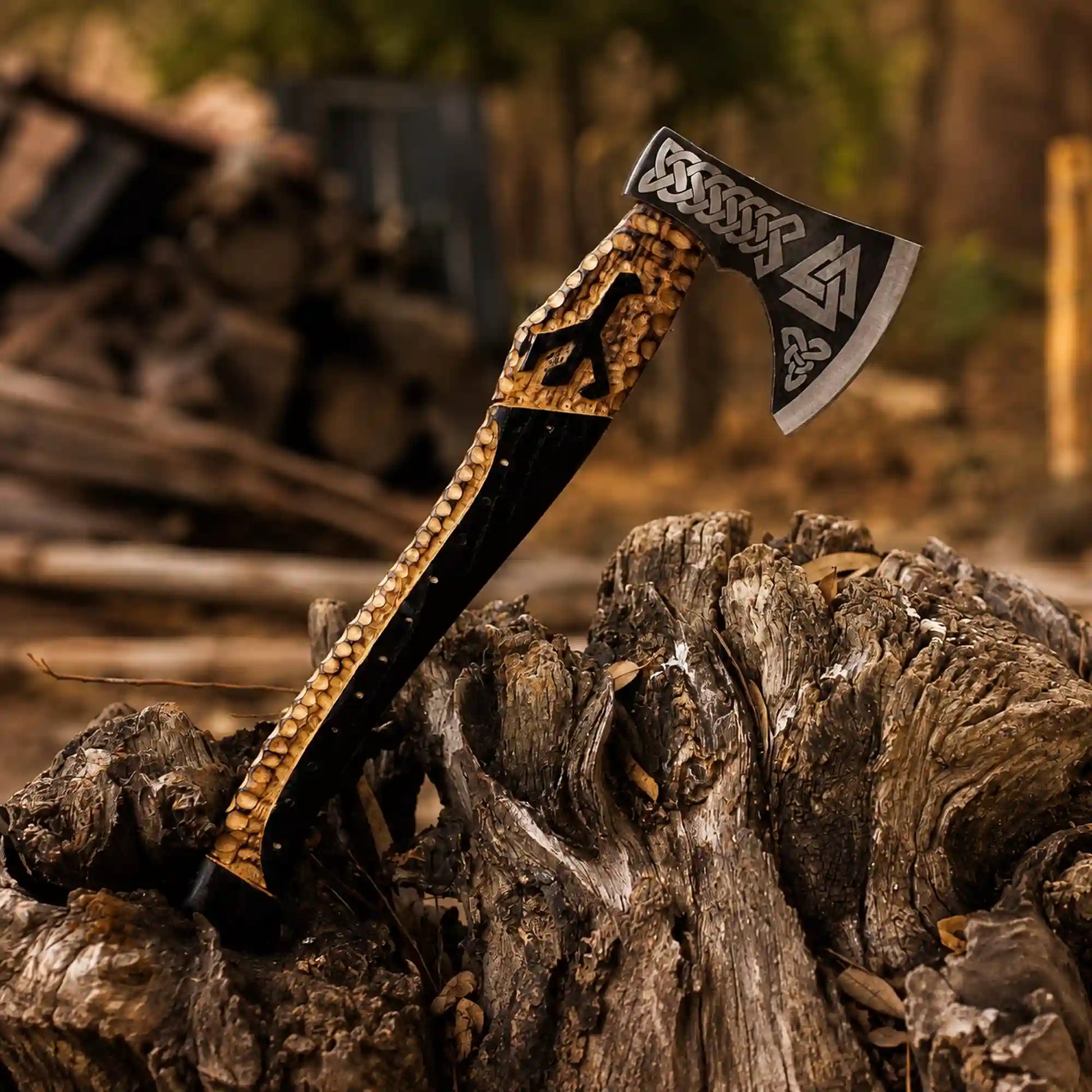 Valknut Viking axe with 1075 steel head and carved textured ash handle resting on a stump
