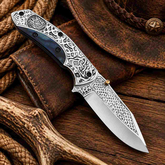 Viking inspired D2 steel folding pocket knife with liner lock system