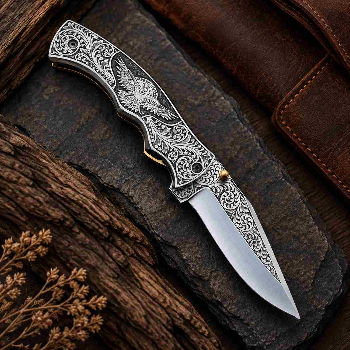 Viking Raven folding knife with leather wristband and gift box packaging
