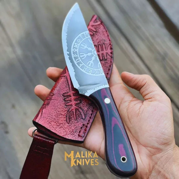 Viking hunting knife with Vegvisir engraving on D2 steel blade and micarta handle with leather sheath