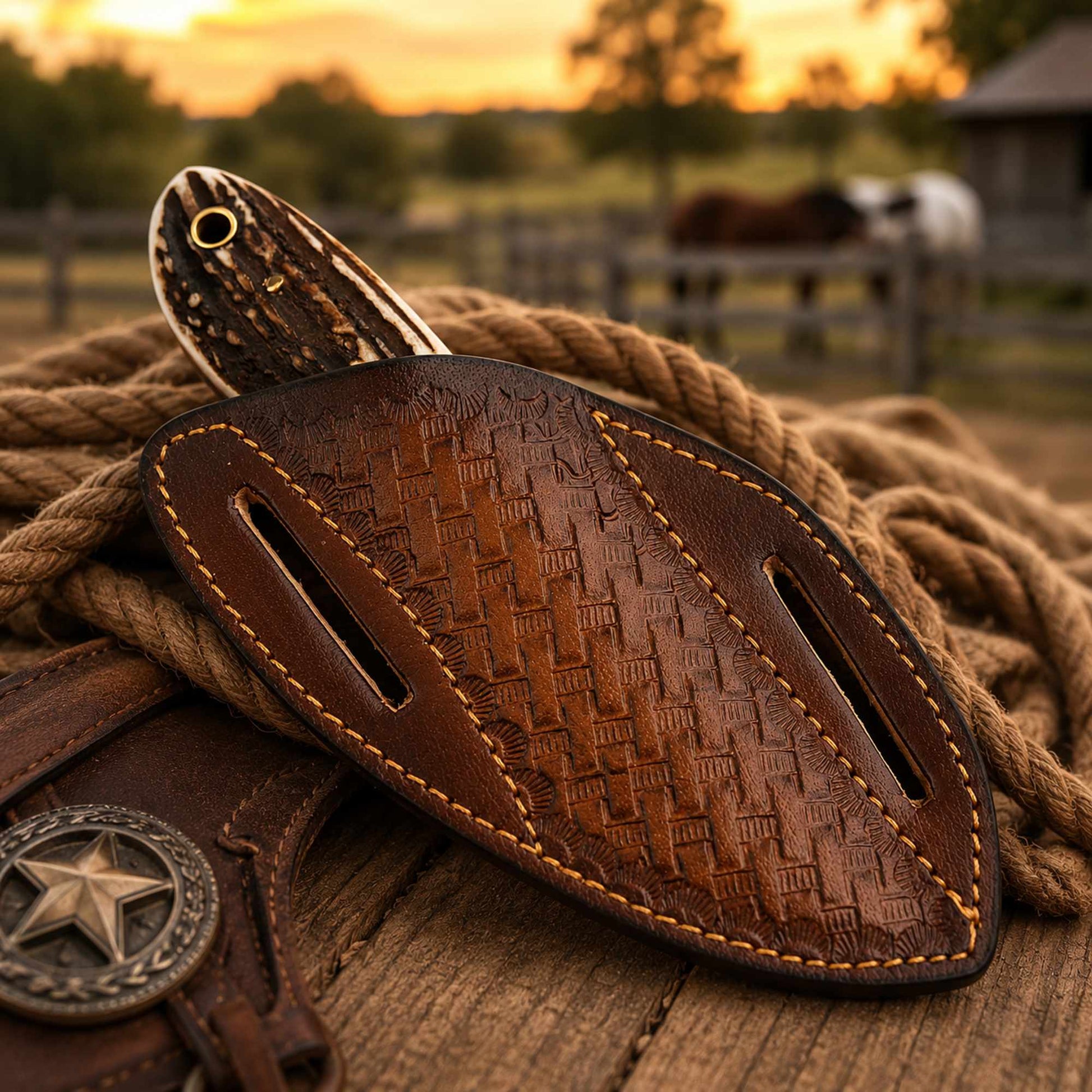 Western belt knife with cross draw leather sheath