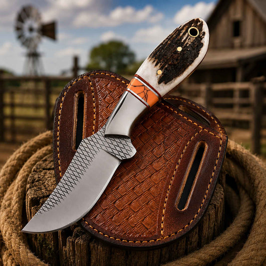Western belt knife with D2 rasp steel blade, stag horn handle, and cross draw leather sheath