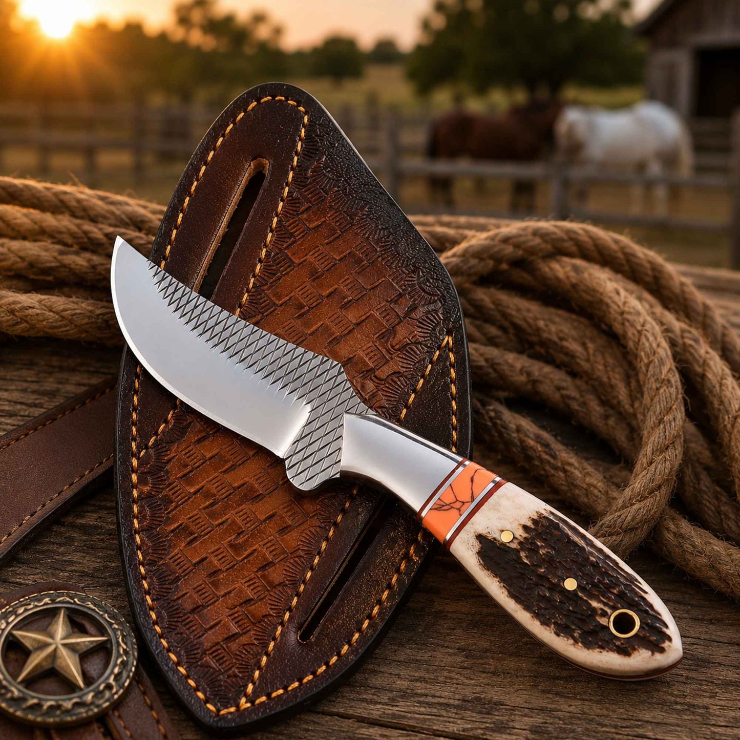 Western belt knife stag horn handle close up view