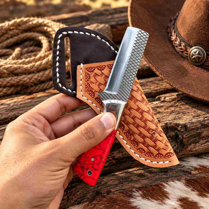 Western bull cutter with handcrafted cross-draw leather sheath