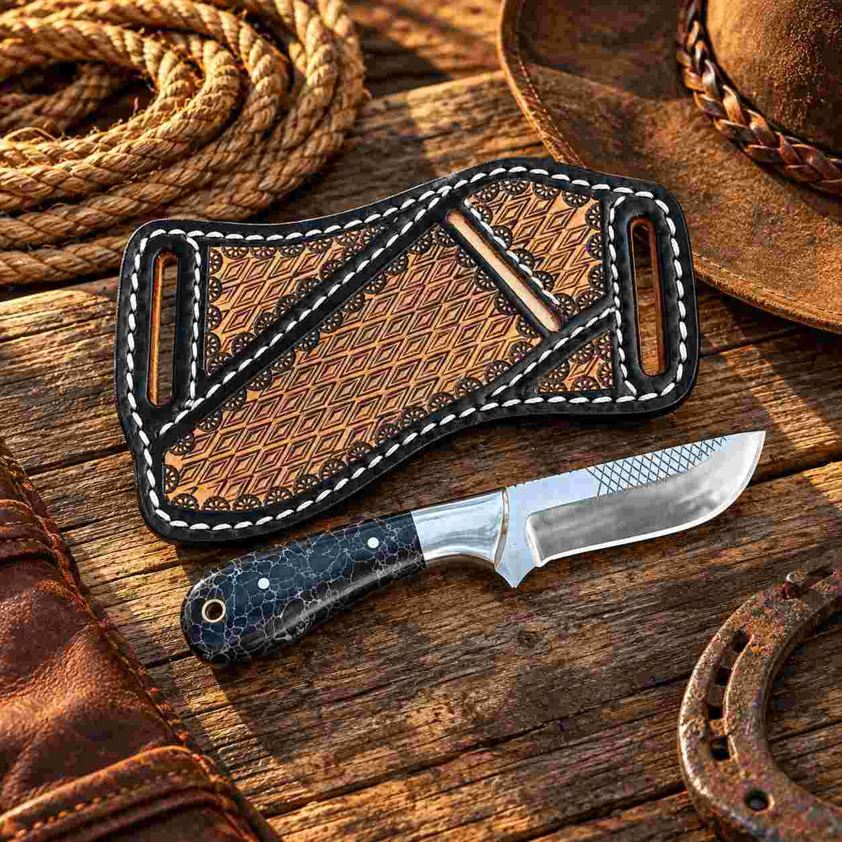 Western-style leather sheath with tan patterned panel, white stitching, and cross design