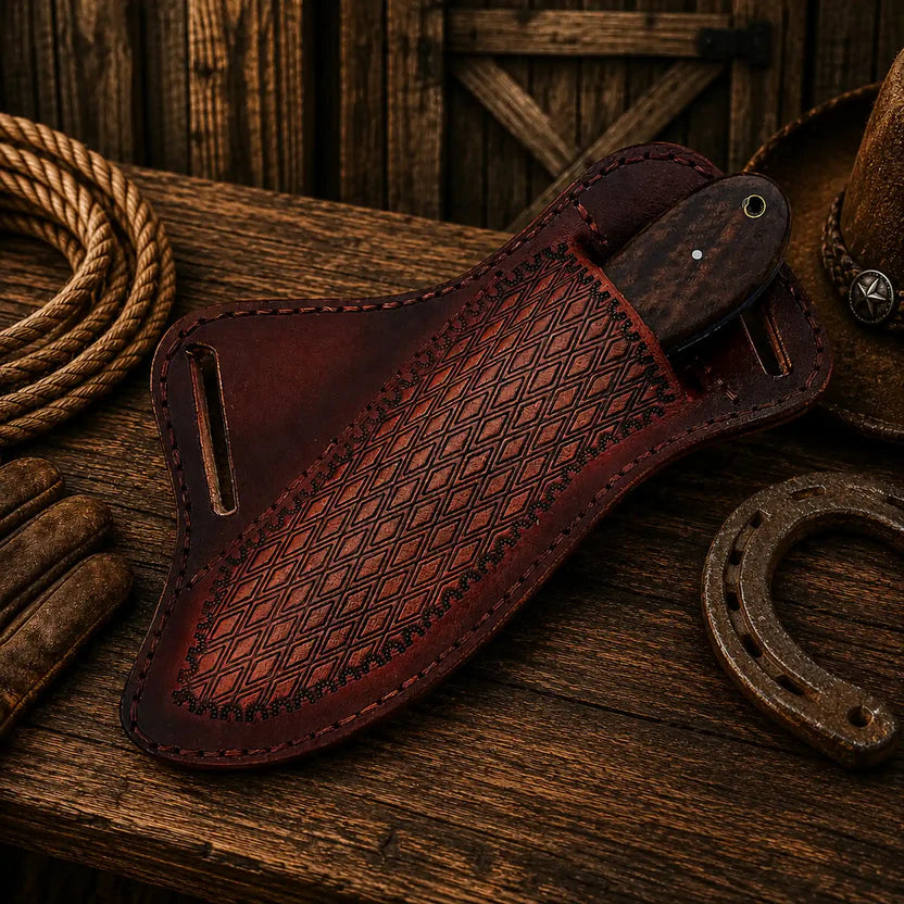 Western ranch knife with turquoise handle and leather sheath