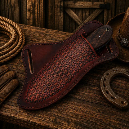 Western ranch knife with turquoise handle and leather sheath
