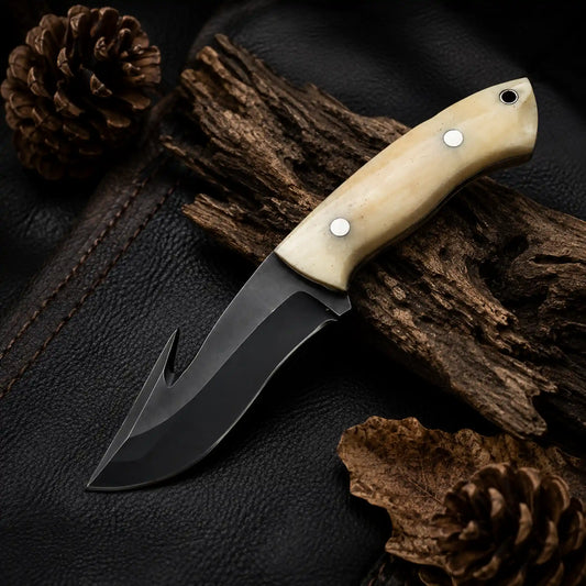 Cowboy knife with rasp steel blade and camel bone handle