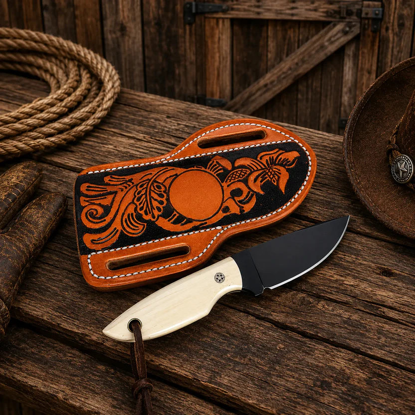 Cowboy knife with rasp steel blade and camel bone handle