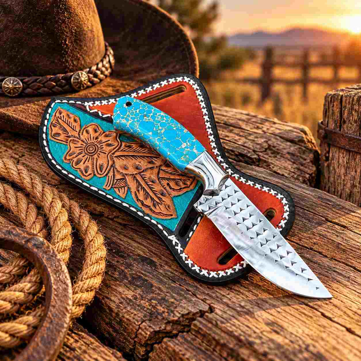 Western skinner knife with stone handle, steel bolster, and leather sheath