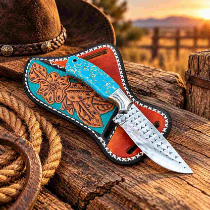 Western skinner knife with stone handle, steel bolster, and leather sheath