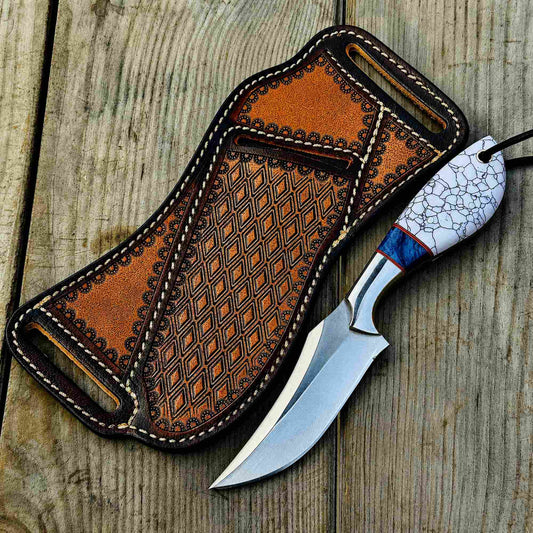 Western Style cowboy hunting knife with D2 steel blade and turquoise handle with Pancake leather sheath