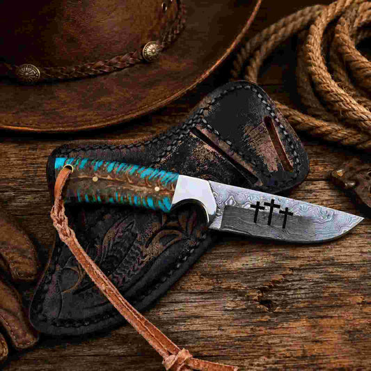 8-inch Praying Cowboy Knife with SS bolster and pancake leather sheath